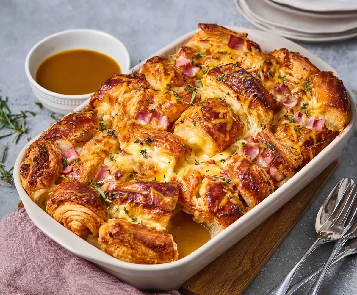Delicious ham and cheese croissant brunch bake served in a baking dish for a hearty breakfast.