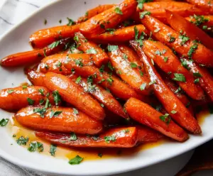 Delicious honey glazed carrots garnished with fresh herbs on a white plate