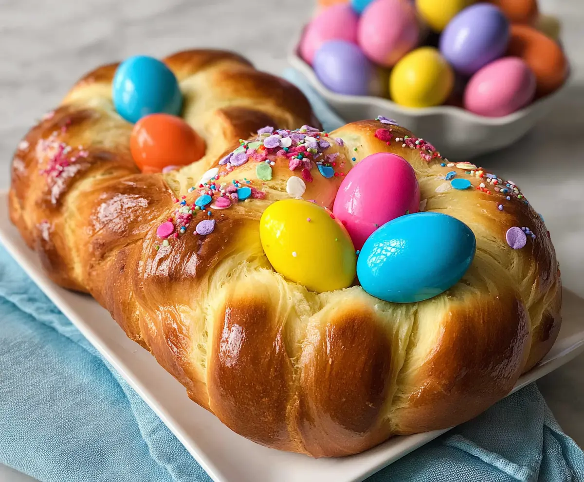 Festive Italian Easter bread topped with colorful eggs, perfect for holiday celebrations.