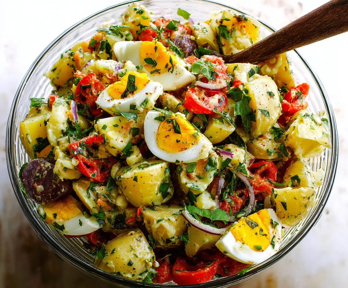 Traditional Italian Easter Potato Salad with fresh herbs and colorful vegetables