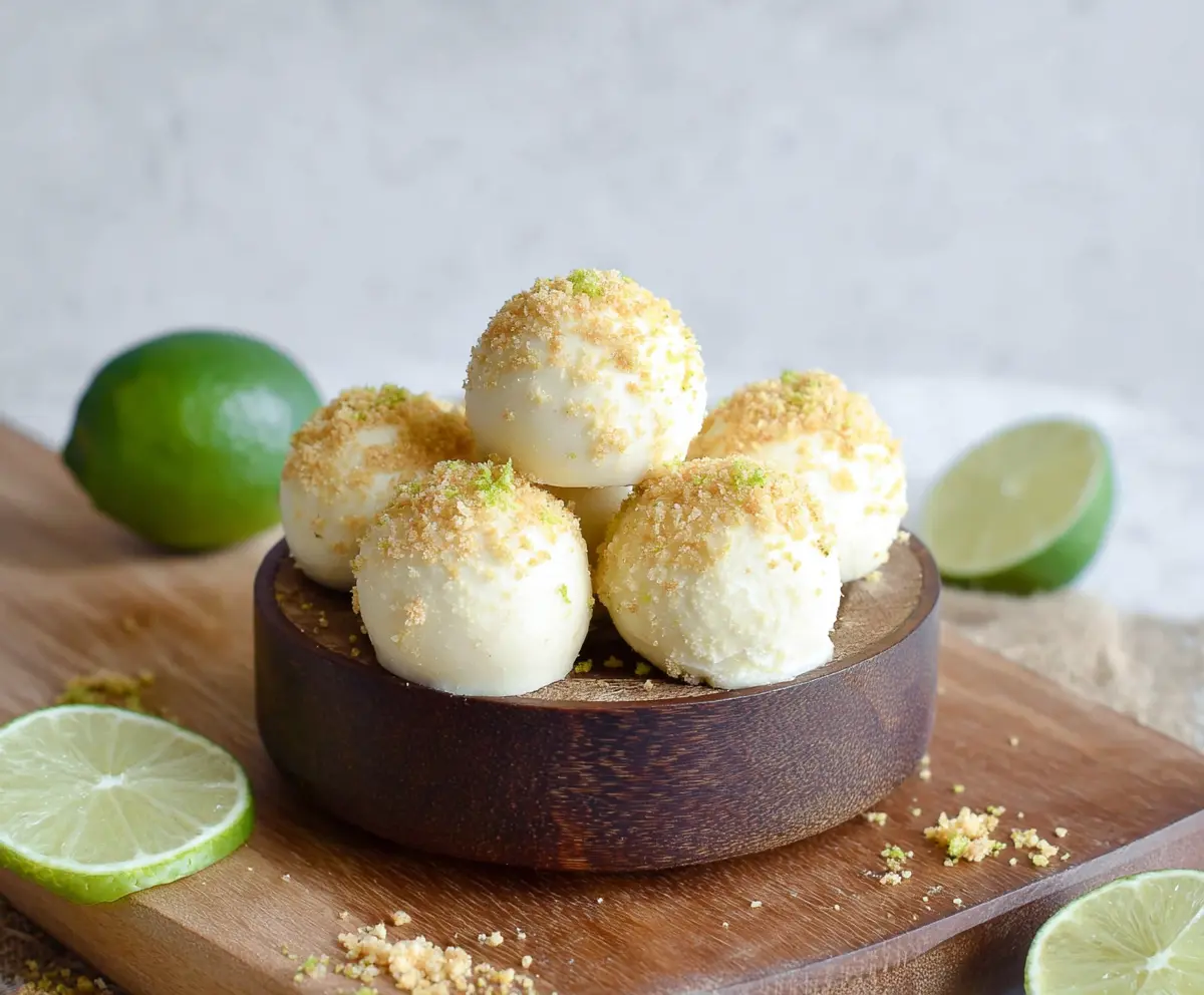 Creamy Key Lime Pie Truffles topped with lime zest on a decorative plate