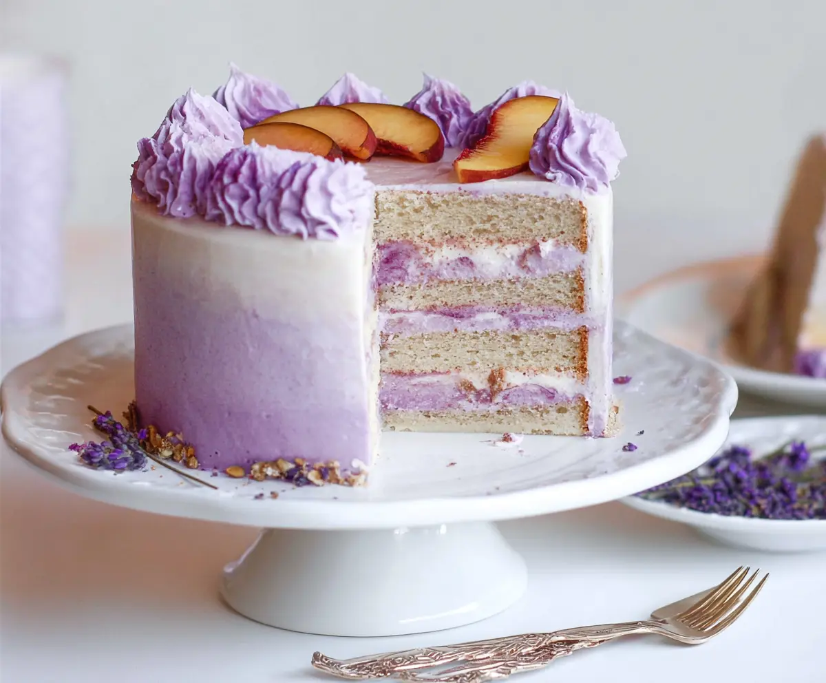 Delicious Lavender Peach Cake with fresh peaches and lavender flowers on top, perfect for summer dessert.