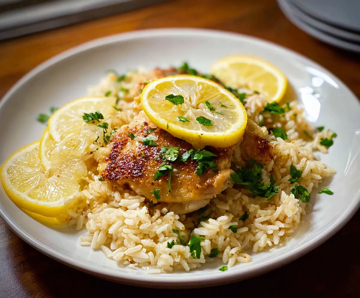 Delicious Lemon Chicken and Rice dish served on a plate with lemon slices and fresh herbs.