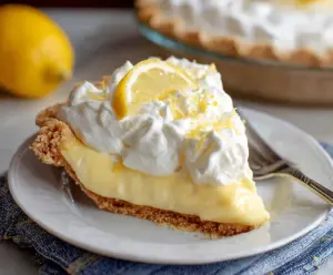 Delicious Lemon Cream Pie with a golden crust and creamy lemon filling, topped with whipped cream.
