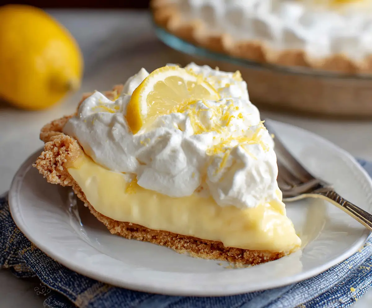 Delicious Lemon Cream Pie with a golden crust and creamy lemon filling, topped with whipped cream.