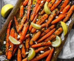 Delicious lemon Dijon roasted carrots served on a plate, showcasing a vibrant and caramelized vegetable side dish.