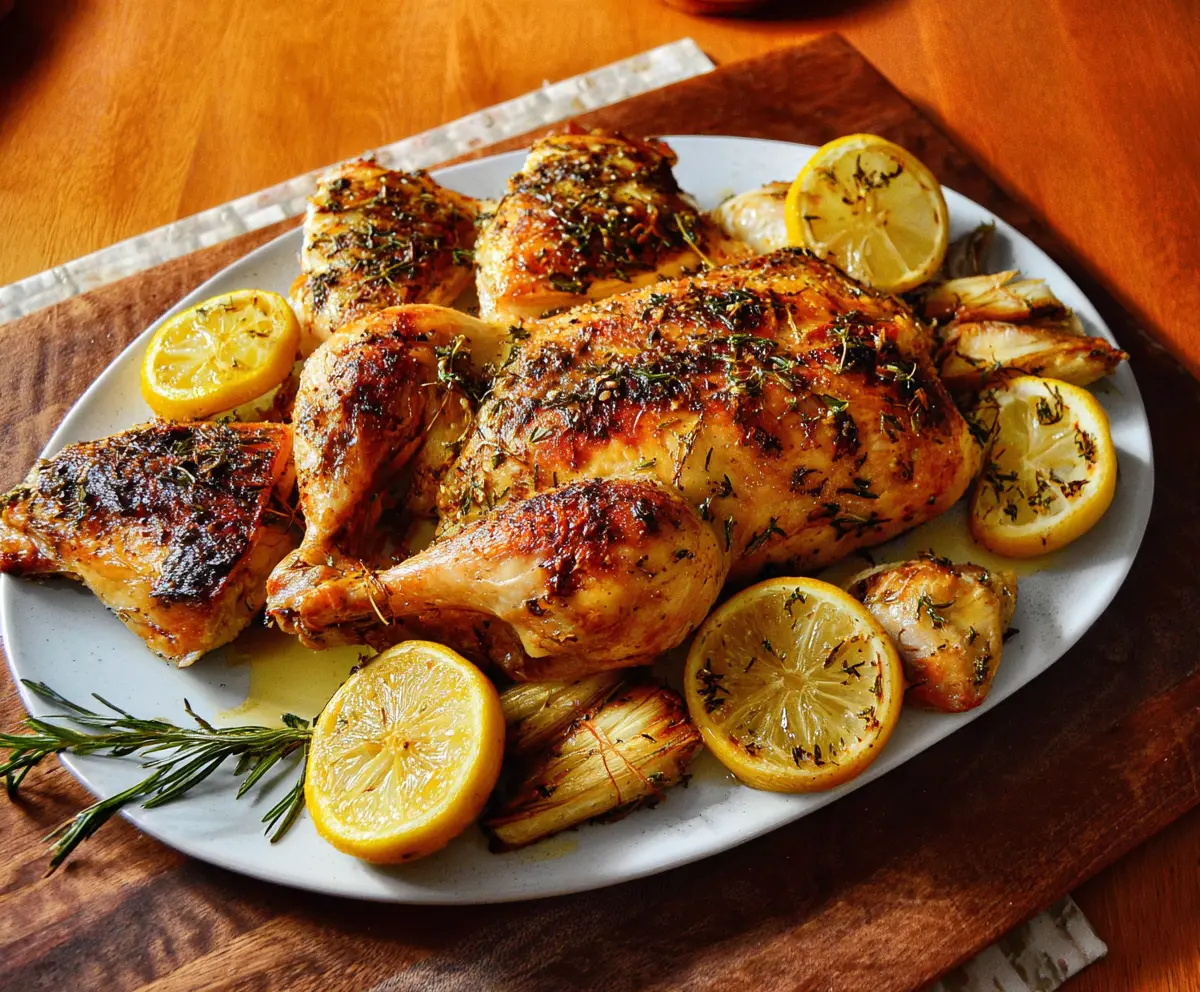 Juicy Lemon Herb Roasted Chicken garnished with fresh herbs on a rustic wooden table.