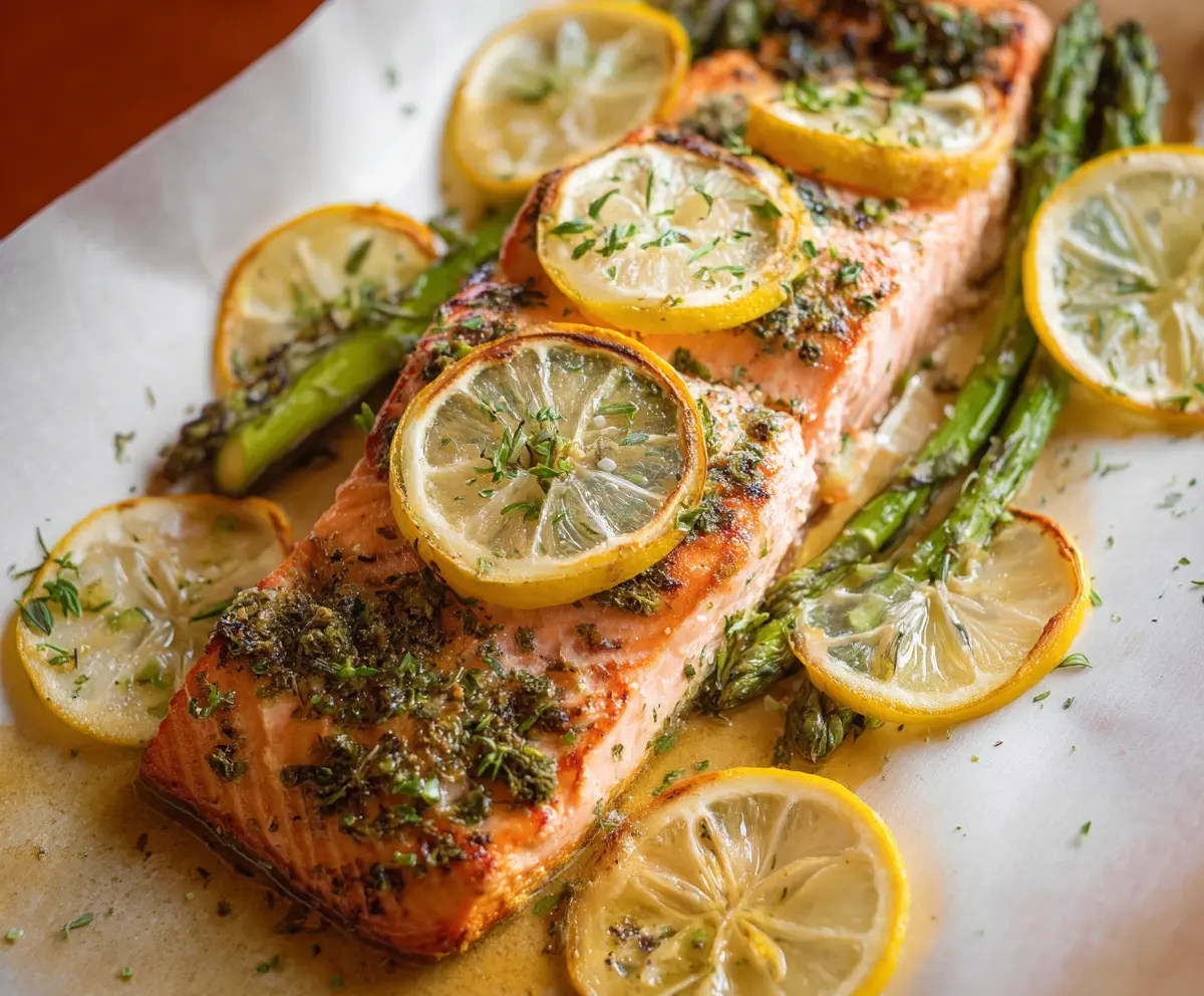 Delicious Lemon Herb Salmon fillet garnished with fresh herbs on a stylish plate.