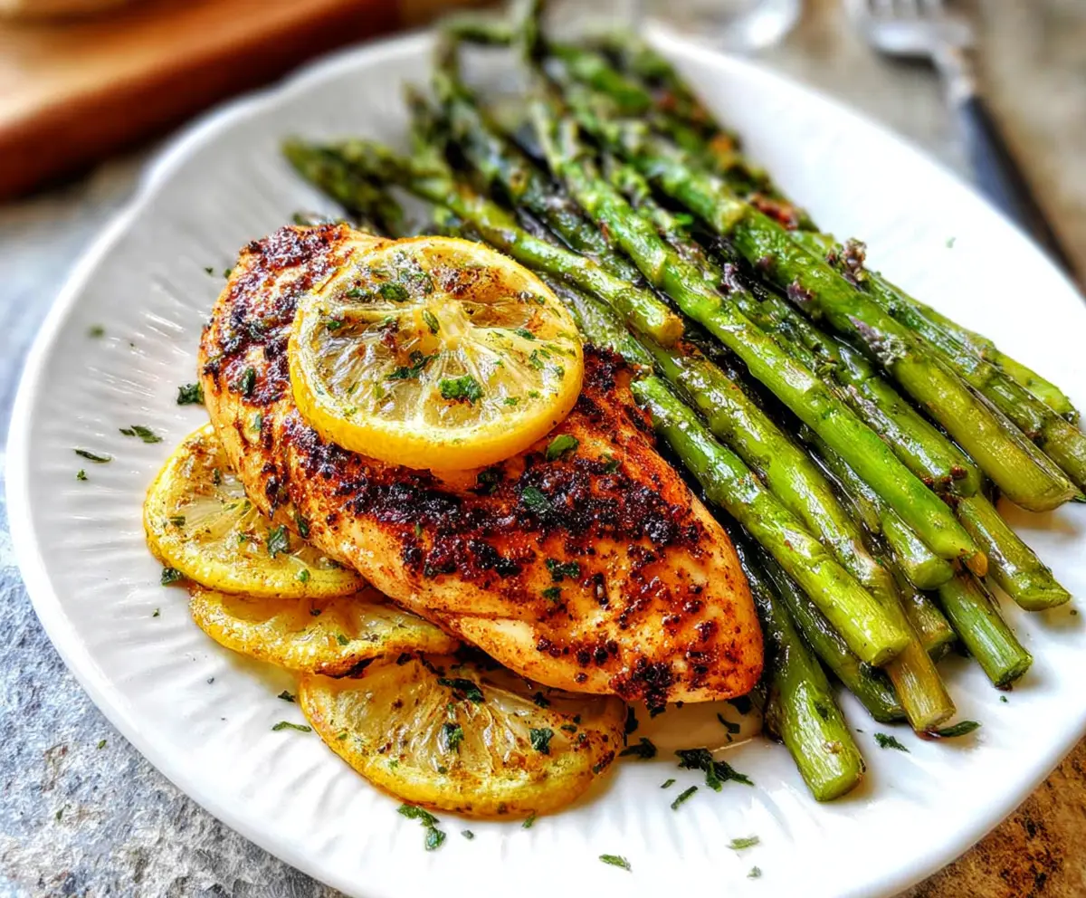 Juicy lemon pepper chicken served with fresh asparagus on a white plate.