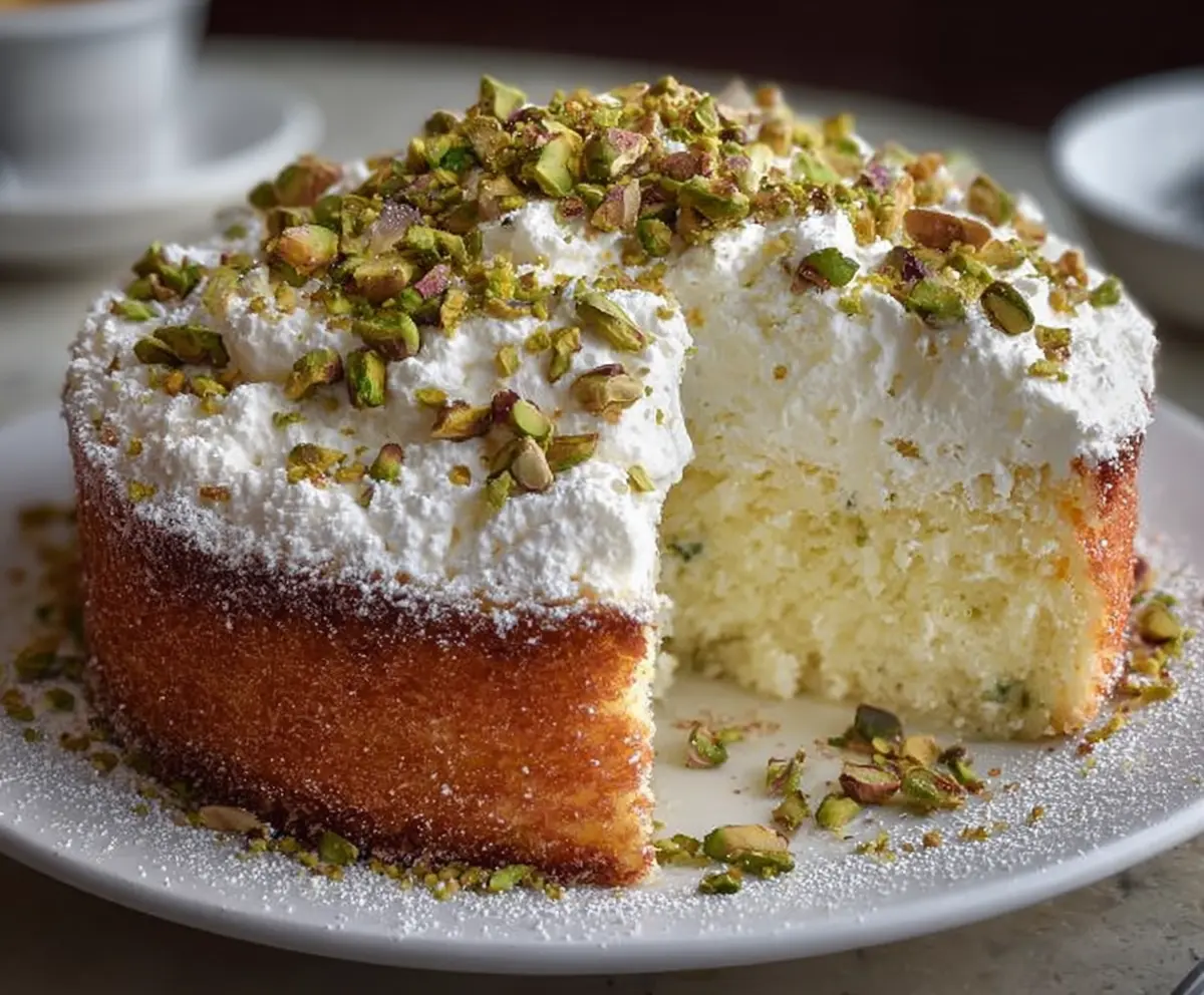 Lemon pistachio ricotta cloud cake with a light, fluffy texture and vibrant lemon flavor.