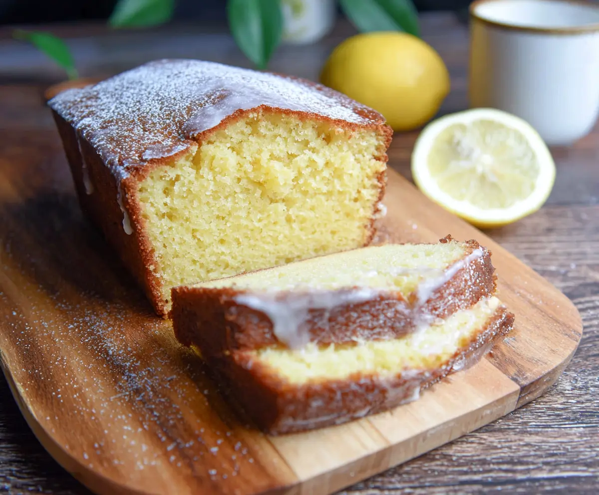 Delicious Lemon Sourdough Discard Cake with fresh lemon slices on top.