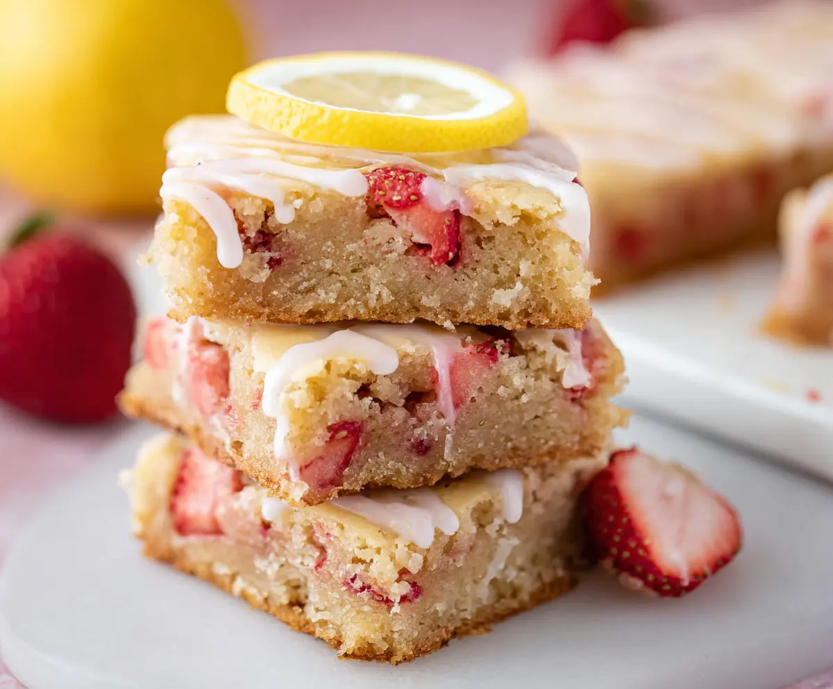 Delicious Lemon Strawberry Blondies topped with fresh strawberries and lemon zest on a white plate.