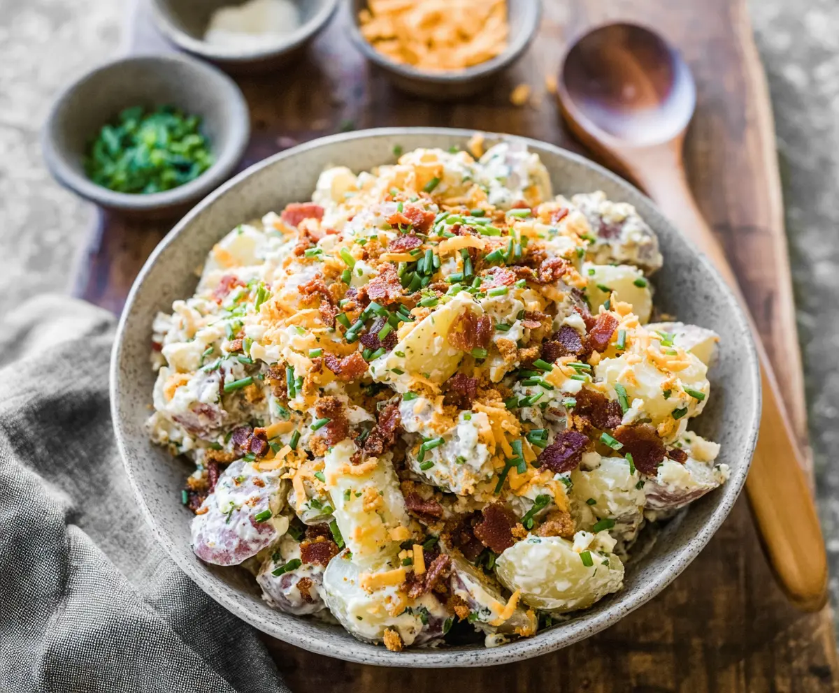 Creamy loaded potato salad with bacon, cheese, and chives in a bowl