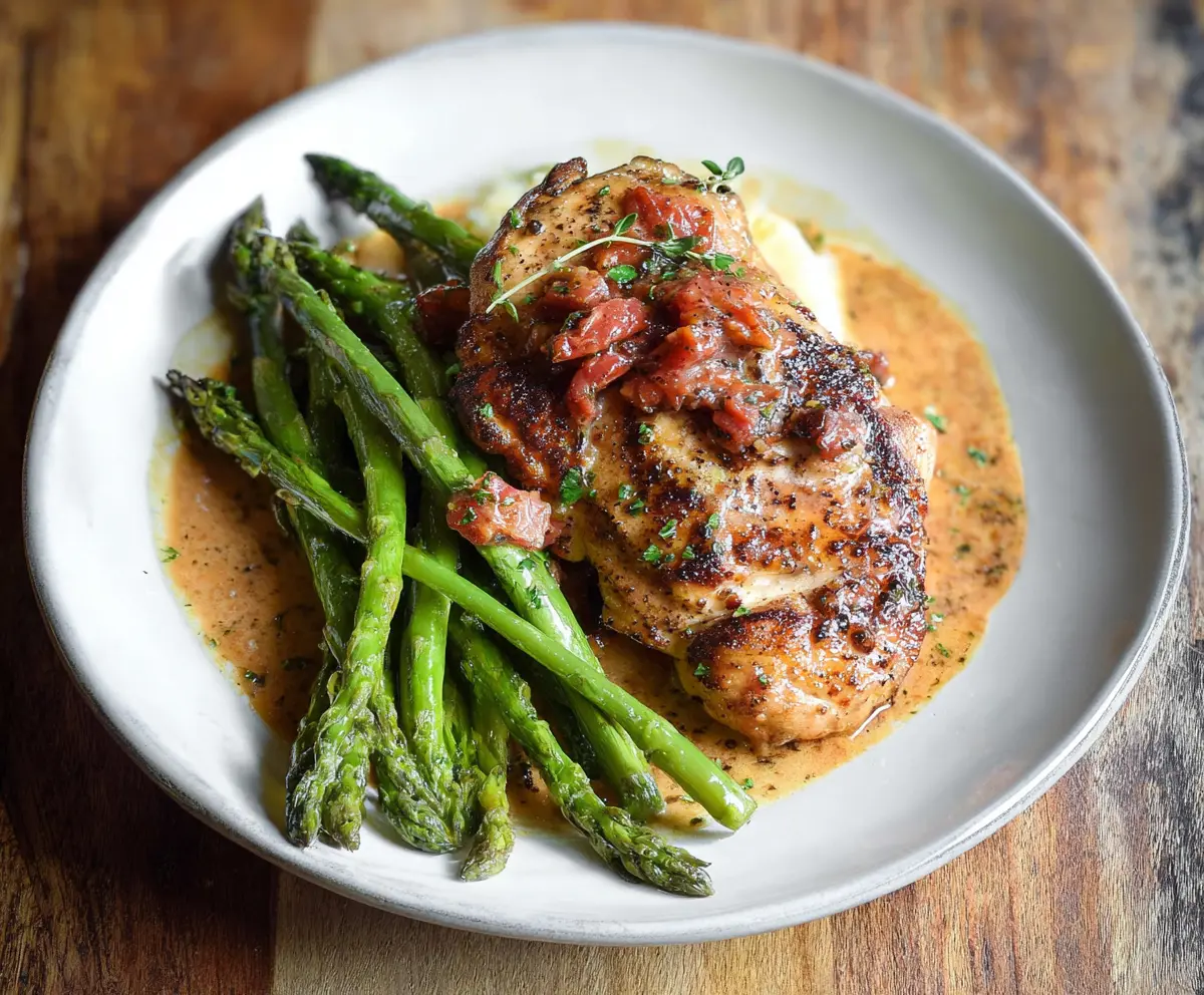 Delicious Marry Me Chicken served with fresh asparagus on a white plate.