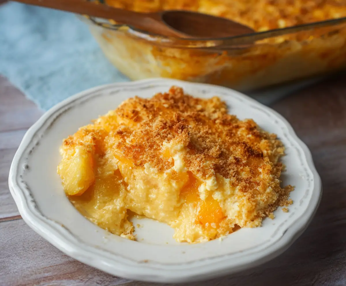 Delicious Pineapple Cheese Casserole topped with melted cheese and fresh pineapple chunks