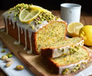 Delicious pistachio lemon pound cake sliced on a plate with a hint of lemon zest garnish