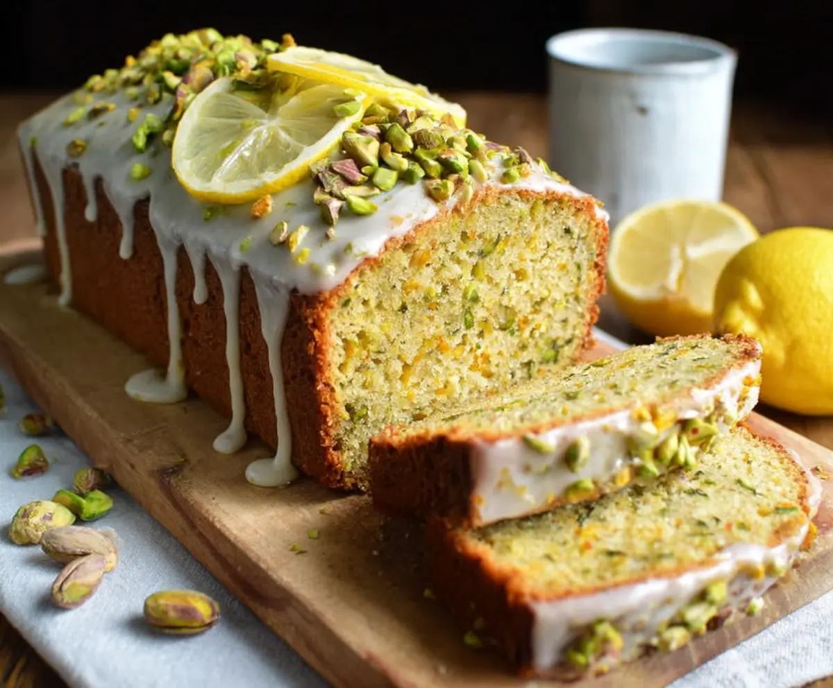 Delicious pistachio lemon pound cake sliced on a plate with a hint of lemon zest garnish