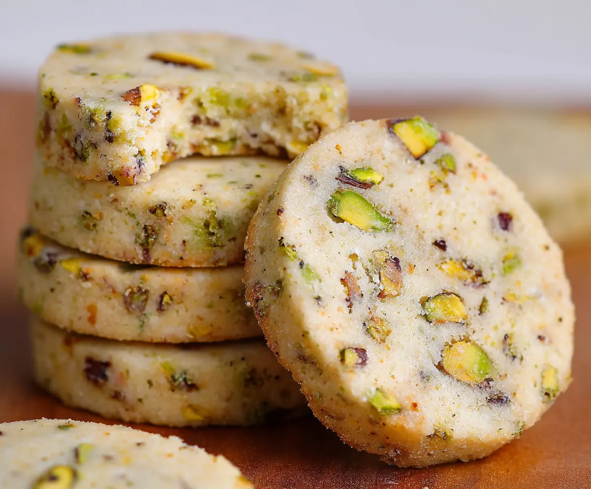 Delicious homemade pistachio shortbread cookies with a buttery golden crust.