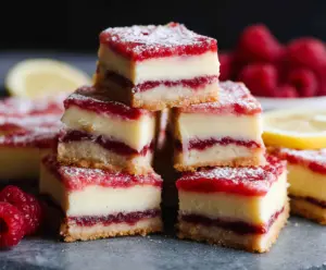 Delicious Raspberry Lemon Cheesecake Bars with a vibrant berry topping and zesty lemon flavor.