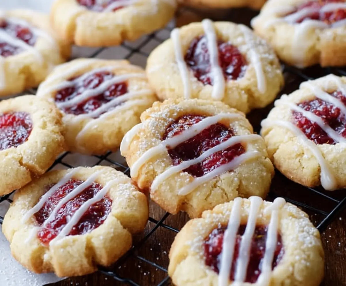 Delicious raspberry shortbread cookies with fresh raspberries on top, perfect for a sweet treat.