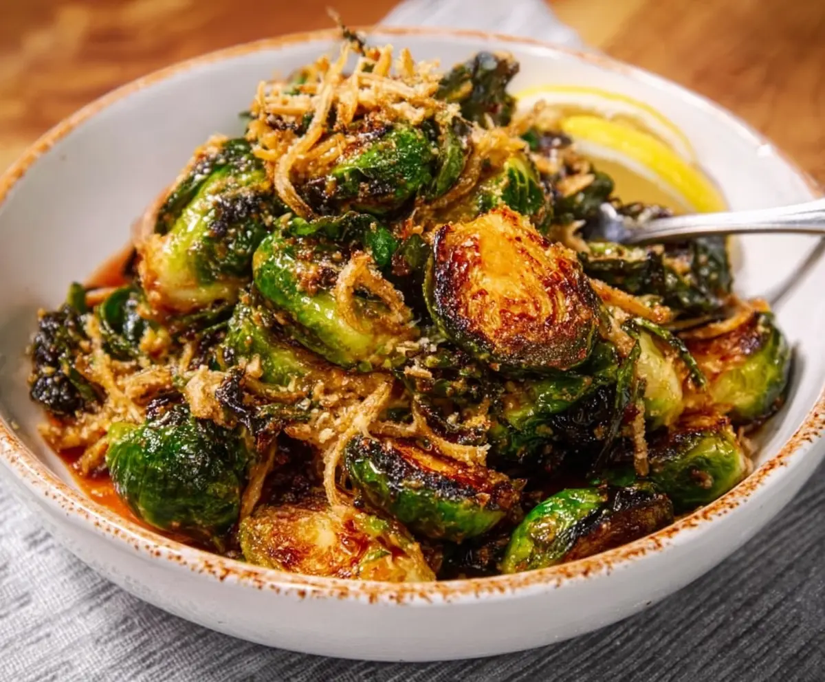Delicious Red Lobster Brussels Sprouts dish served on a plate, showcasing crispy, seasoned sprouts.