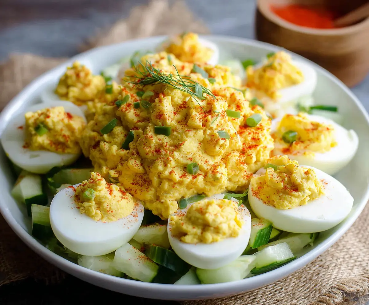 Salad Deviled Eggs on a plate with fresh greens and colorful vegetables, perfect for a healthy appetizer or snack.