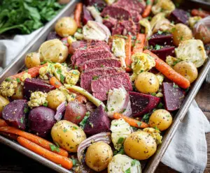 Delicious sheet pan corned beef with crispy edges and tender meat, perfect for a hearty meal.