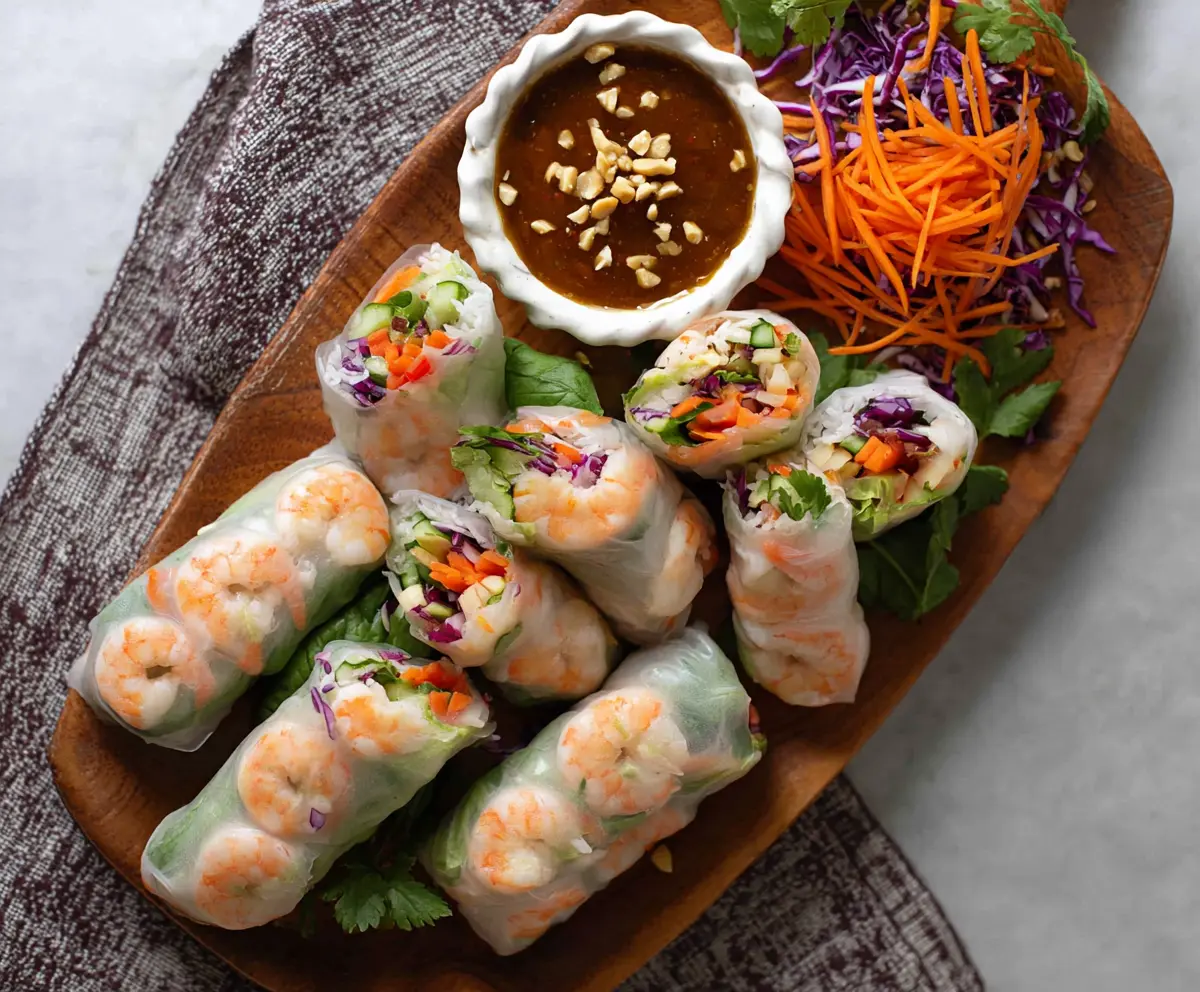 Fresh shrimp rice paper rolls filled with crisp vegetables and herbs, served with dipping sauce.