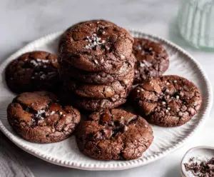 Delicious sourdough discard chocolate brownie cookies with a rich, fudgy texture close-up.