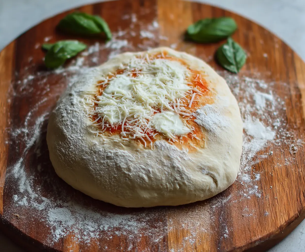 Homemade sourdough discard pizza dough on a baking tray ready to bake