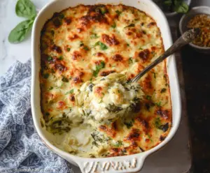 Delicious Spinach Artichoke Chicken Casserole served hot, showcasing creamy spinach and tender chicken pieces.