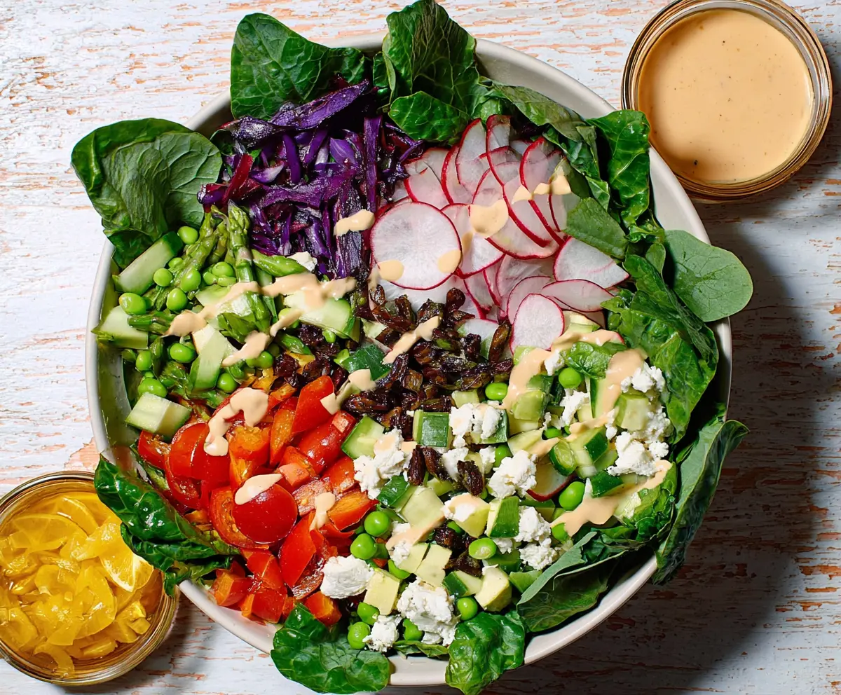 Colorful spring chopped salad with fresh vegetables and herbs on a white plate.