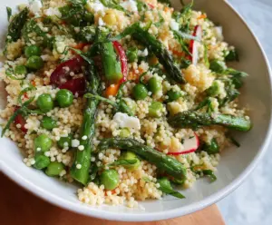 Fresh Spring Couscous Salad with colorful vegetables and herbs in a bowl