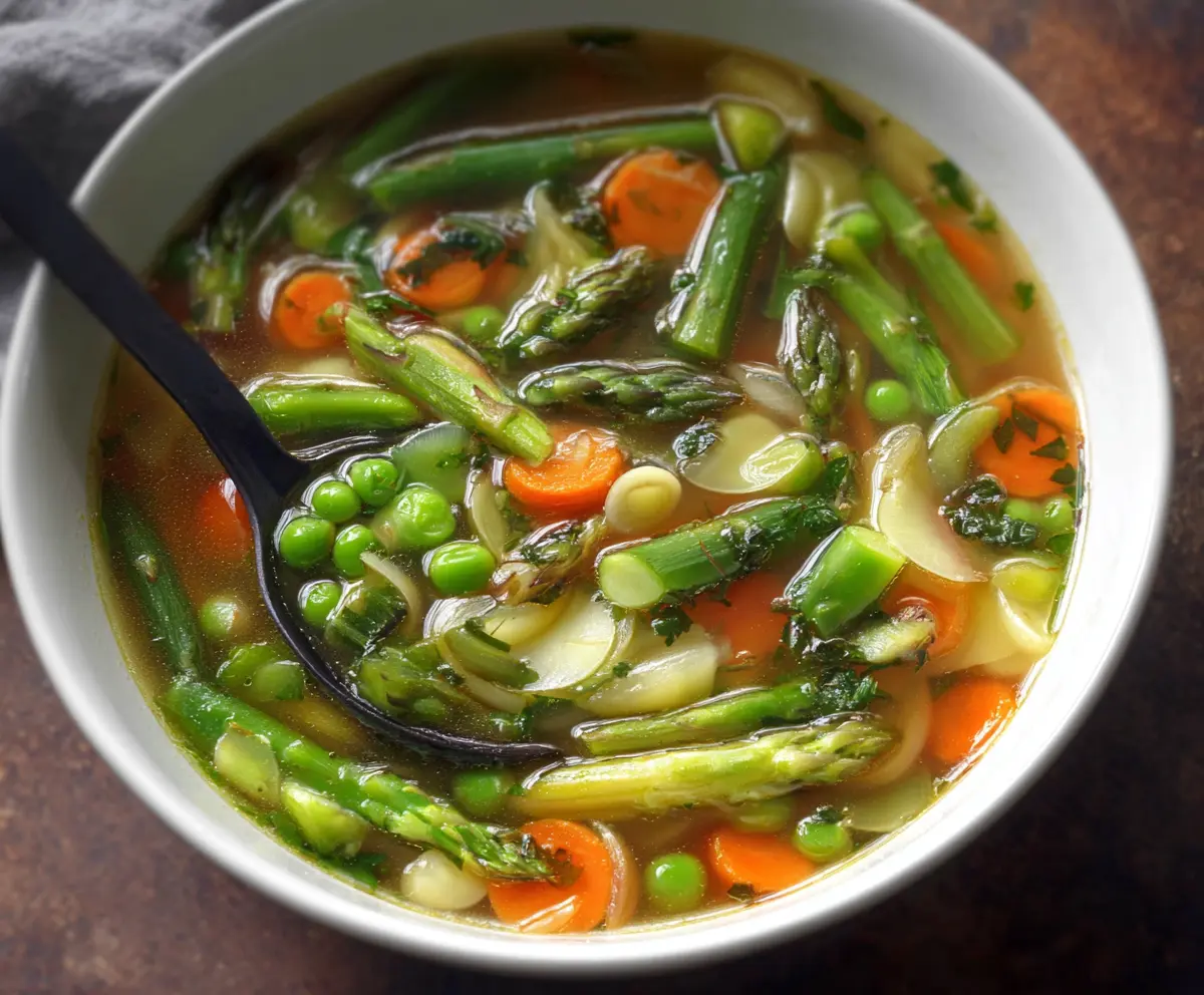 Healthy spring vegetable soup in a bowl with fresh carrots, peas, and asparagus.