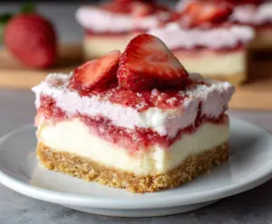 Delicious Strawberry Cheesecake Bars with fresh strawberries on top and a creamy filling