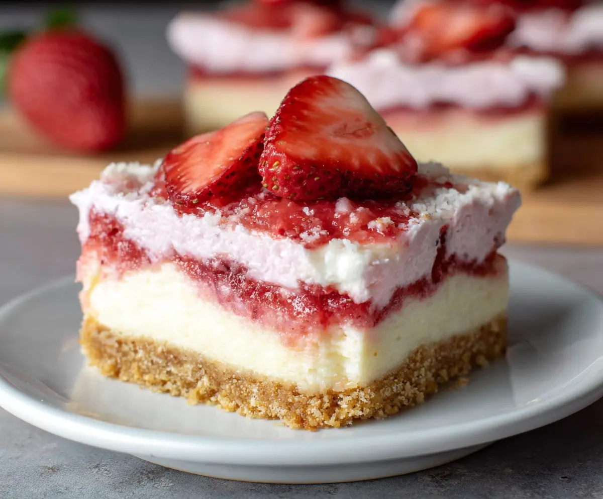 Delicious Strawberry Cheesecake Bars with fresh strawberries on top and a creamy filling