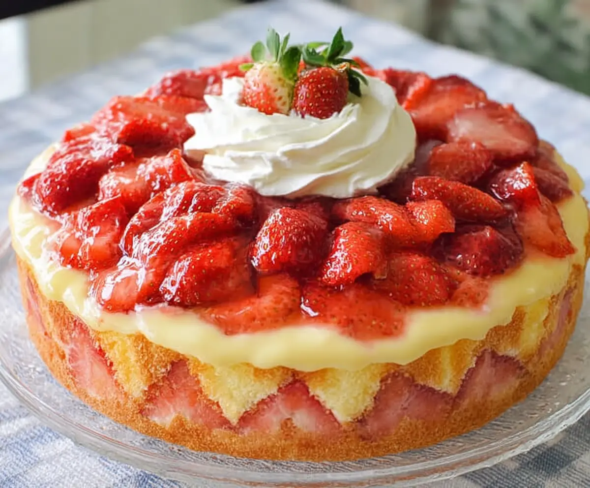 Delicious Strawberry Custard Cake topped with fresh strawberries and creamy custard layers.