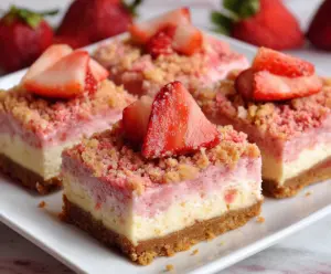 Delicious strawberry shortcake cheesecake bars with layers of fresh strawberries, creamy cheesecake filling, and a crumbly crust.