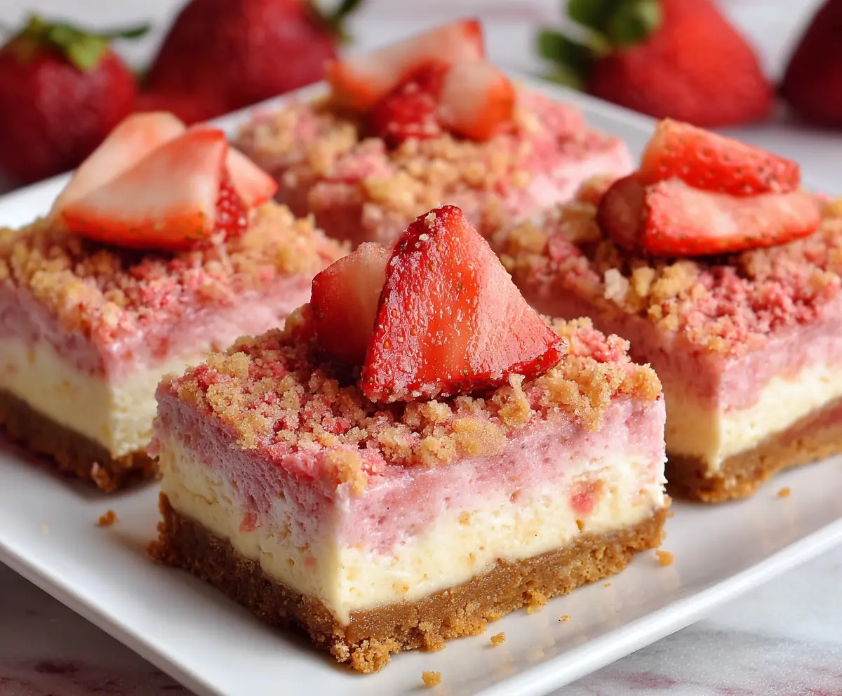 Delicious strawberry shortcake cheesecake bars with layers of fresh strawberries, creamy cheesecake filling, and a crumbly crust.