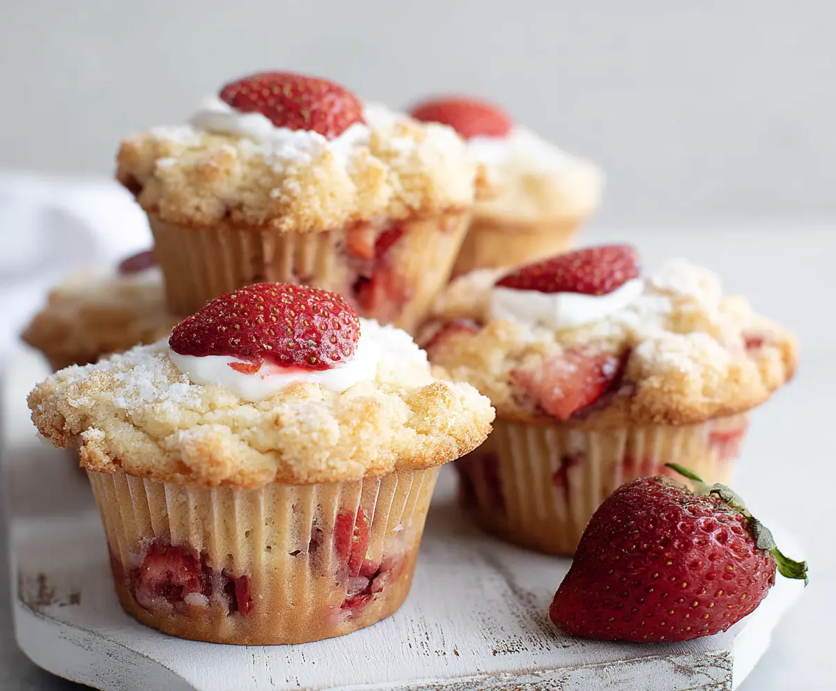 Delicious strawberry shortcake muffins topped with fresh strawberries and whipped cream.