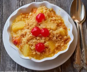 Delicious sweet and sour pineapple casserole served in a baking dish with pineapple chunks and a golden crust.