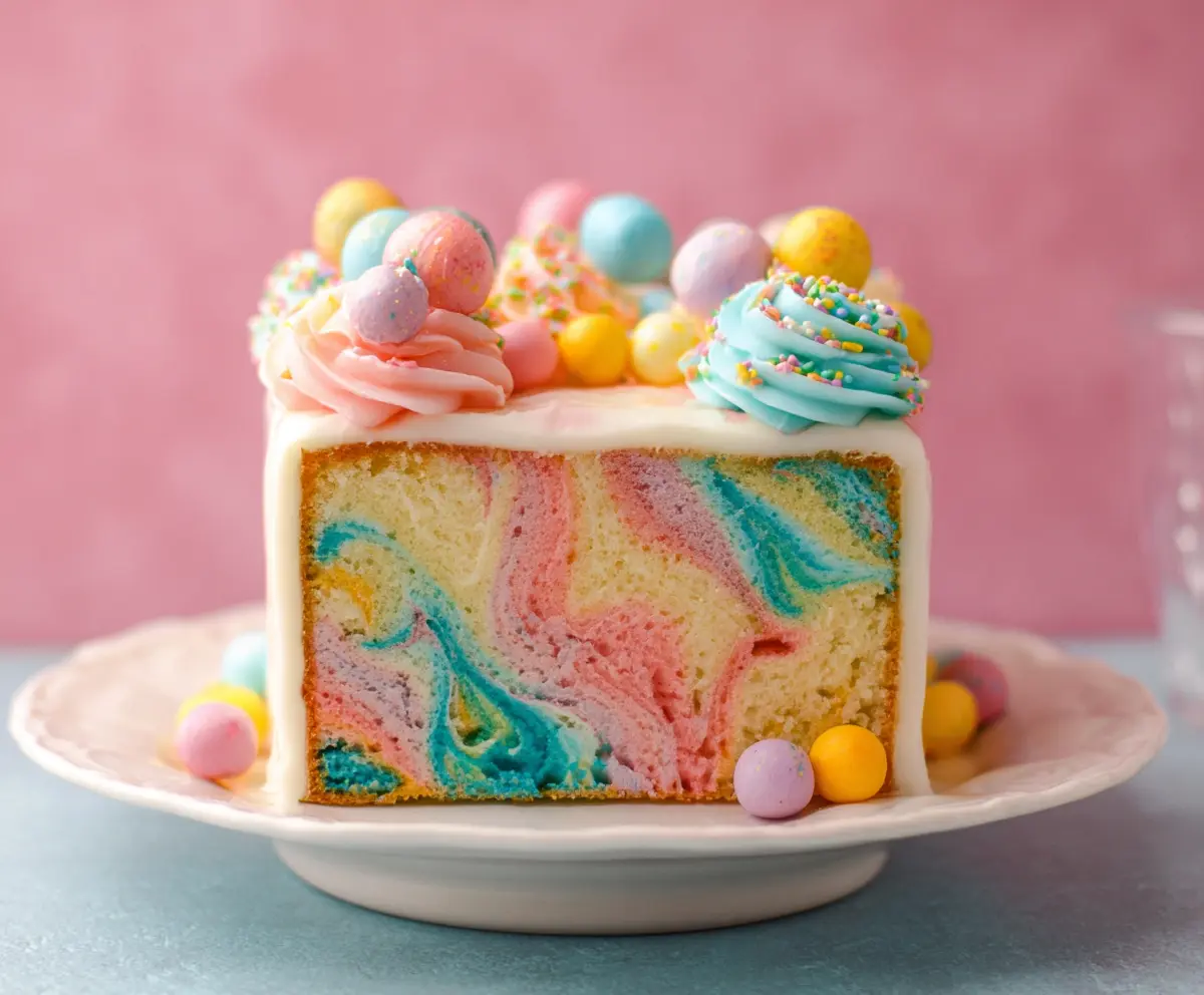Colorful Swirled Easter Cake with vibrant icing and festive decoration