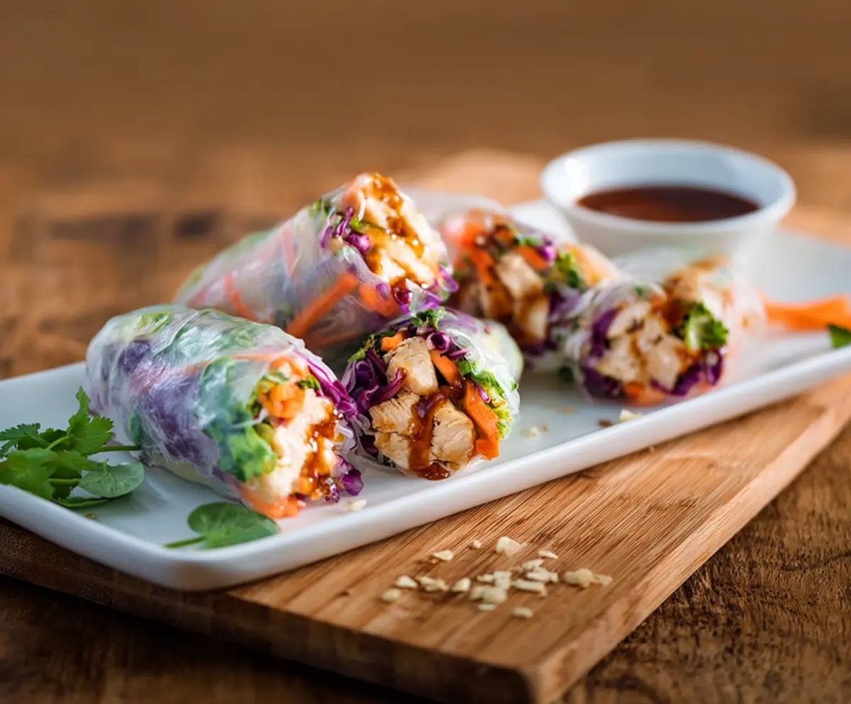 Delicious Teriyaki Chicken Rice Paper Rolls with fresh vegetables and tender chicken filling.