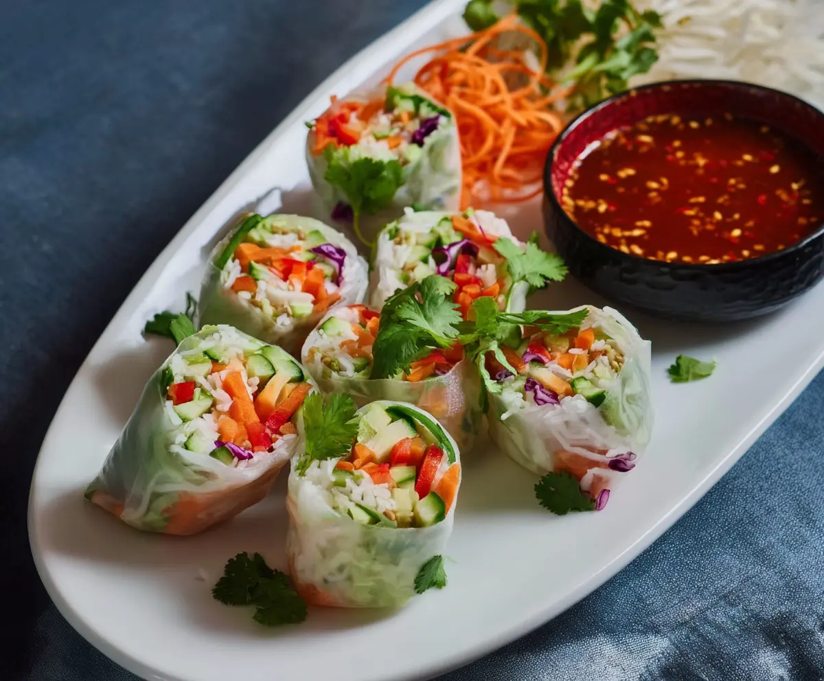 Fresh Thai vegetable spring rolls with colorful vegetables and rice paper.