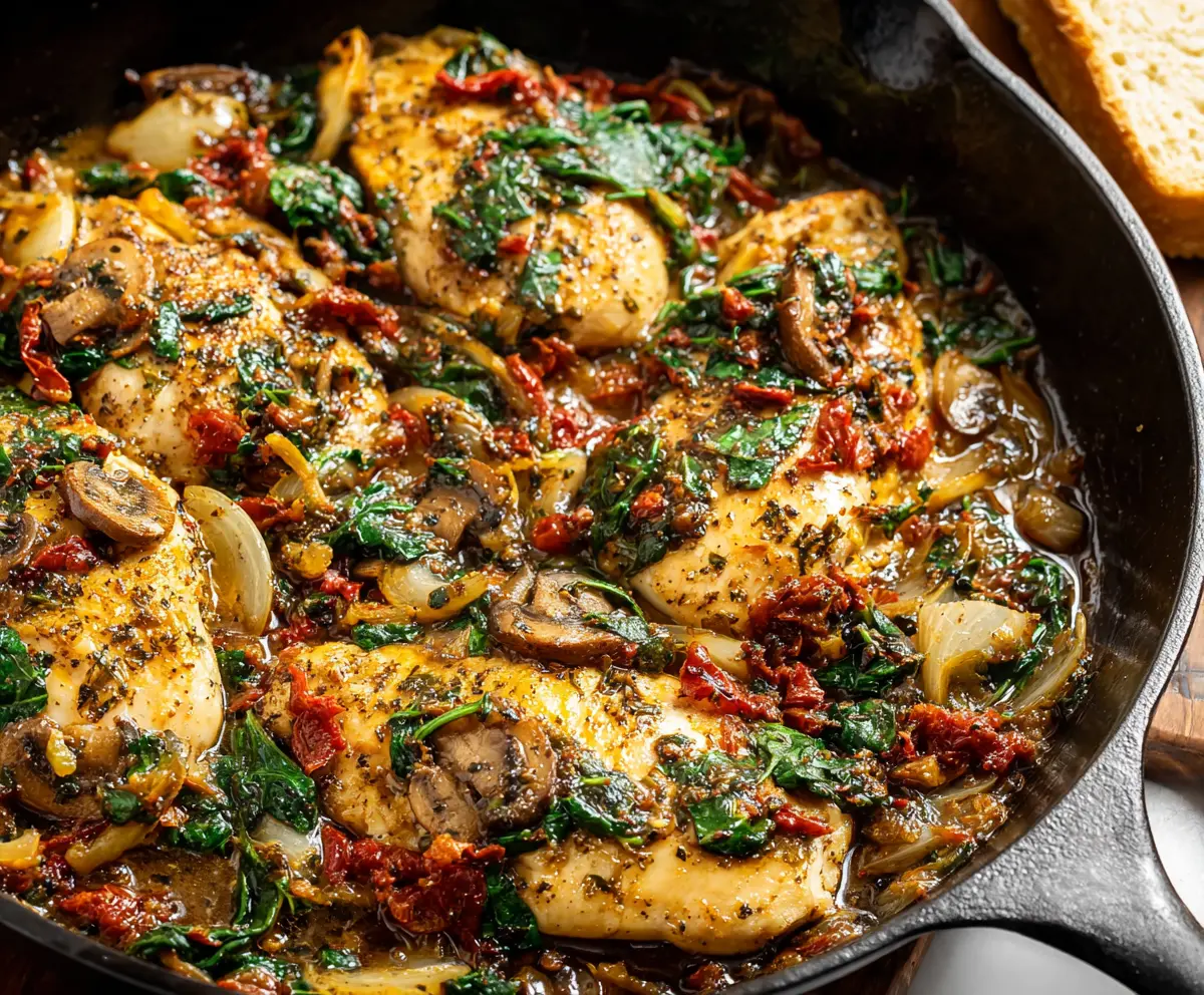 Delicious Tuscan Chicken Skillet with herbs and creamy sauce in a rustic skillet.