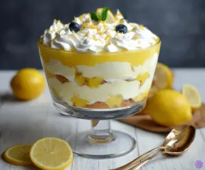 Delicious Vanilla Lemon Trifle layered with creamy filling, fresh lemons, and whipped topping.