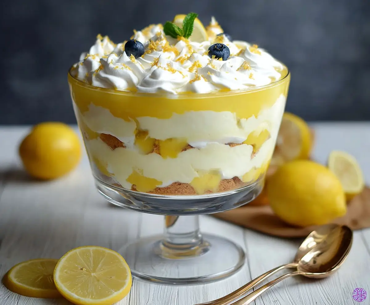 Delicious Vanilla Lemon Trifle layered with creamy filling, fresh lemons, and whipped topping.