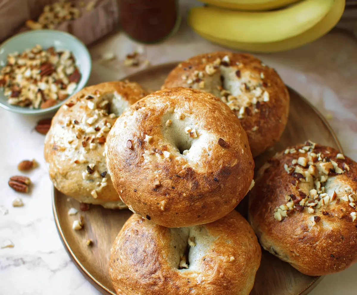 Delicious Banana Nut Bagels fresh out of the oven, perfect for breakfast or snacks.