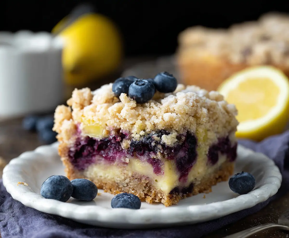 Delicious Blueberry Lemon Crumble Cake topped with fresh blueberries and lemon zest, perfect for dessert or tea time.