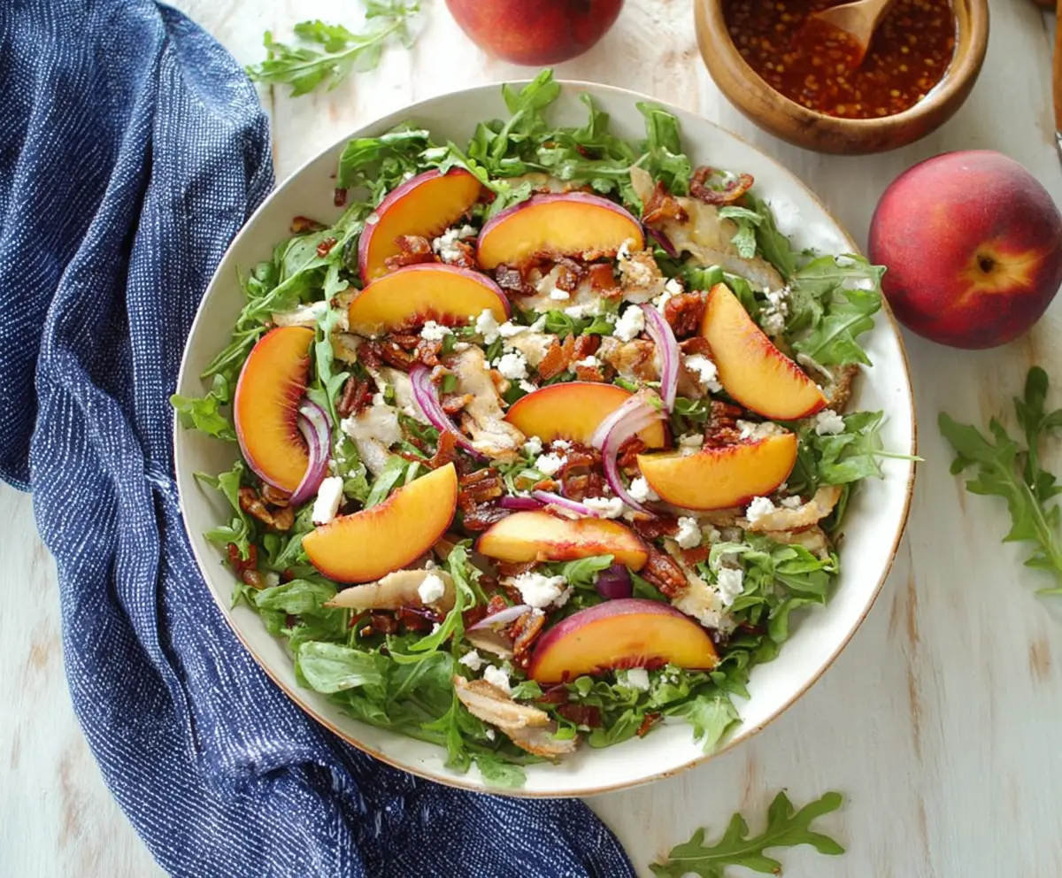 Fresh caramelized onion and peach arugula salad with vibrant greens and sweet fruit slices